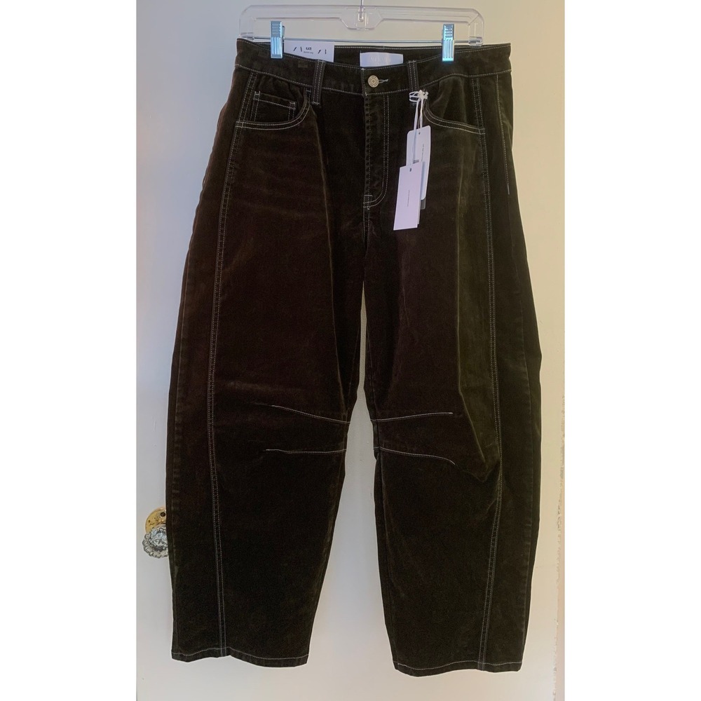 NWT Vervet Kate High Rise Flocked Barrel Leg Jeans Velvet Olive Brown Size 30 - Picture 7 of 16